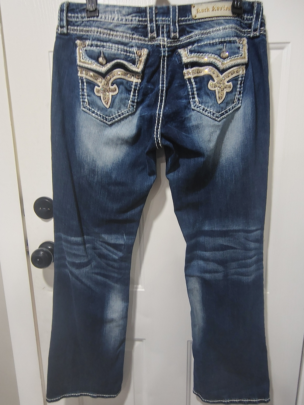 Rock Revival Dark Blue Boot Cut Jeans with Embellished Pockets
